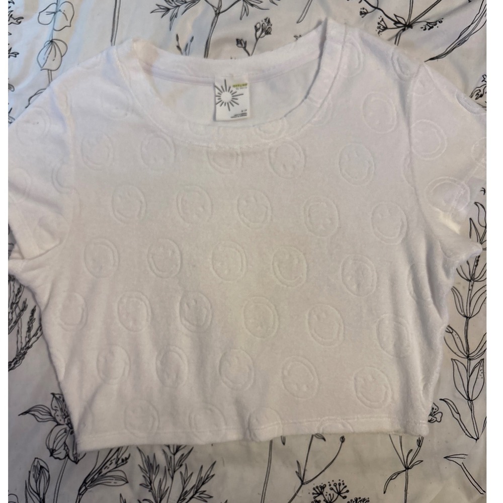 Offline by Aerie White Summer Lights Terry Smiley Cropped Tee,‎ Small
